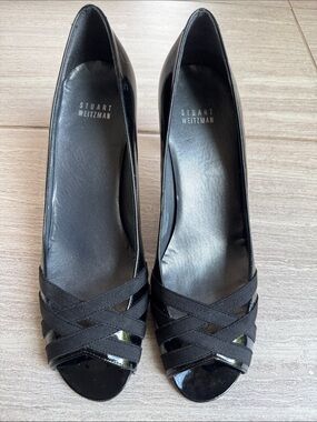 Stuart Weitzman Black Patent Crisscross Open-Toe Pumps
